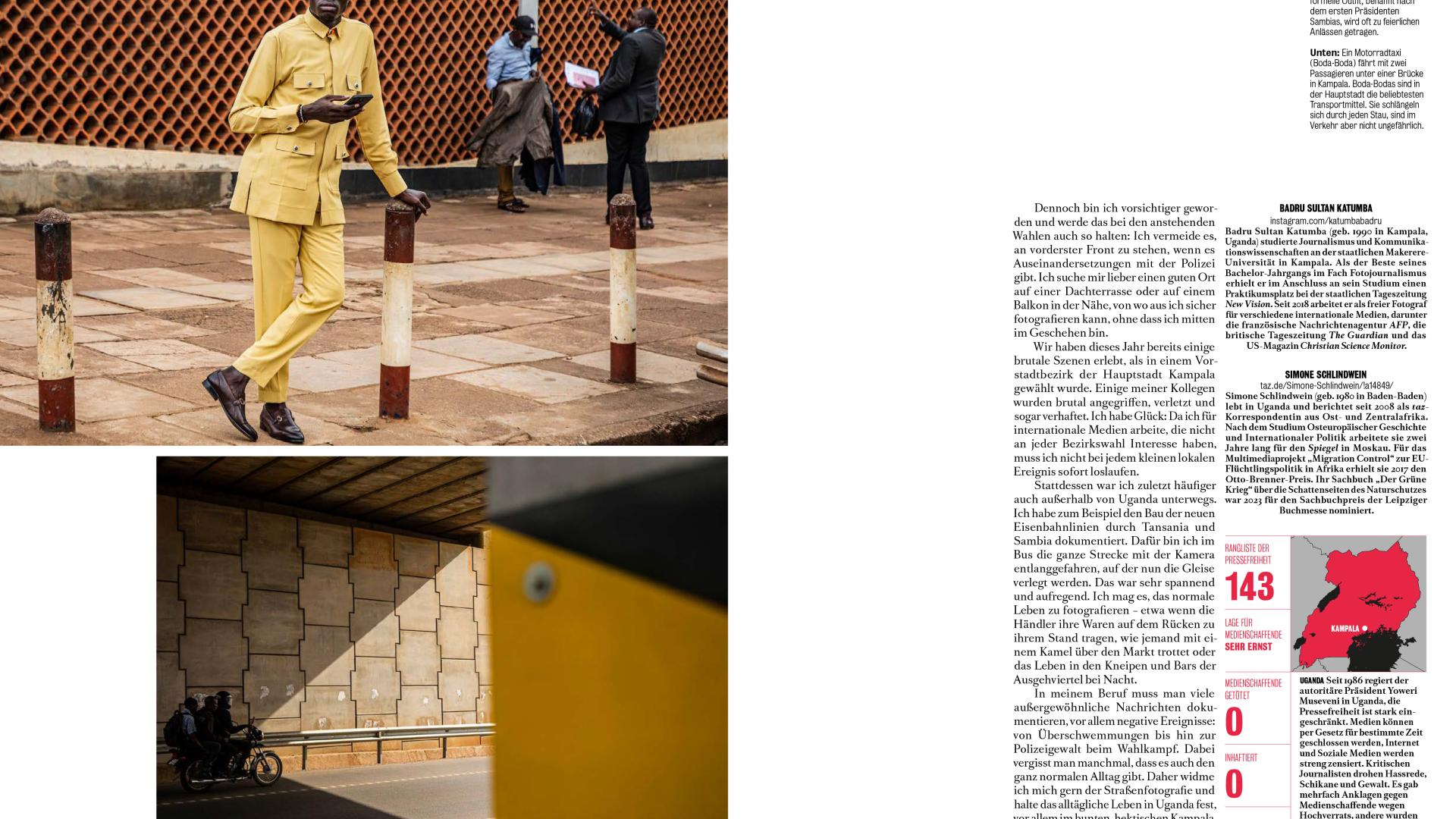 Die Seiten 74 und 75 aus "Fotos für die Pressefreiheit 2025"