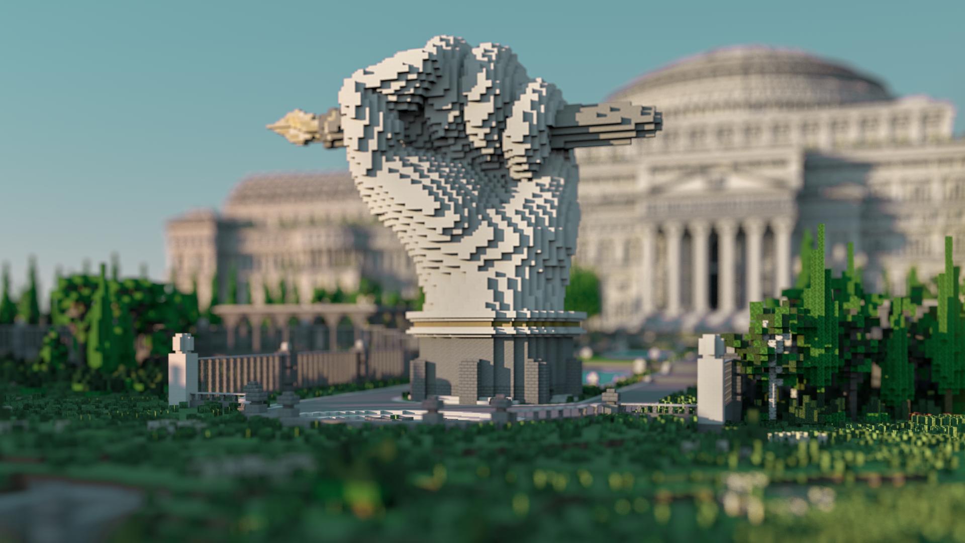 Faust mit Stift Statue in der Uncensored Library im Videospiel Minecraft