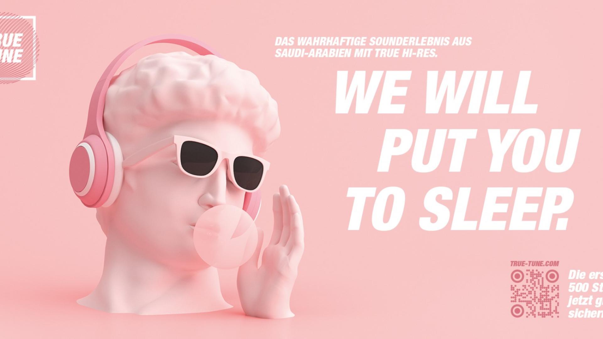 Ein Kopf aus Plastik hört Musik, trägt eine Sonnenbrille und formt eine Kaugummiblase. Daneben steht der Text "We will put you to sleep". Es ist eine der Grafiken der Kampagne #soundsofjustice