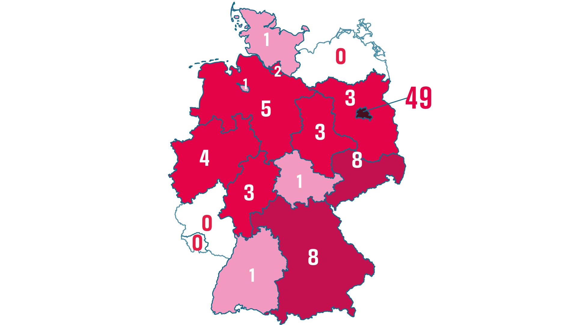 Karte Deutschlands aus der RSF Nahaufnahme 2025: zeigt Zahl verifizierter Angriffe auf Medienschaffende pro Bundesland. Berlin mit 49 Vorfällen, andere Länder zwischen 0 und 8, farblich von Weiß (0) bis Dunkelrot (hoch).