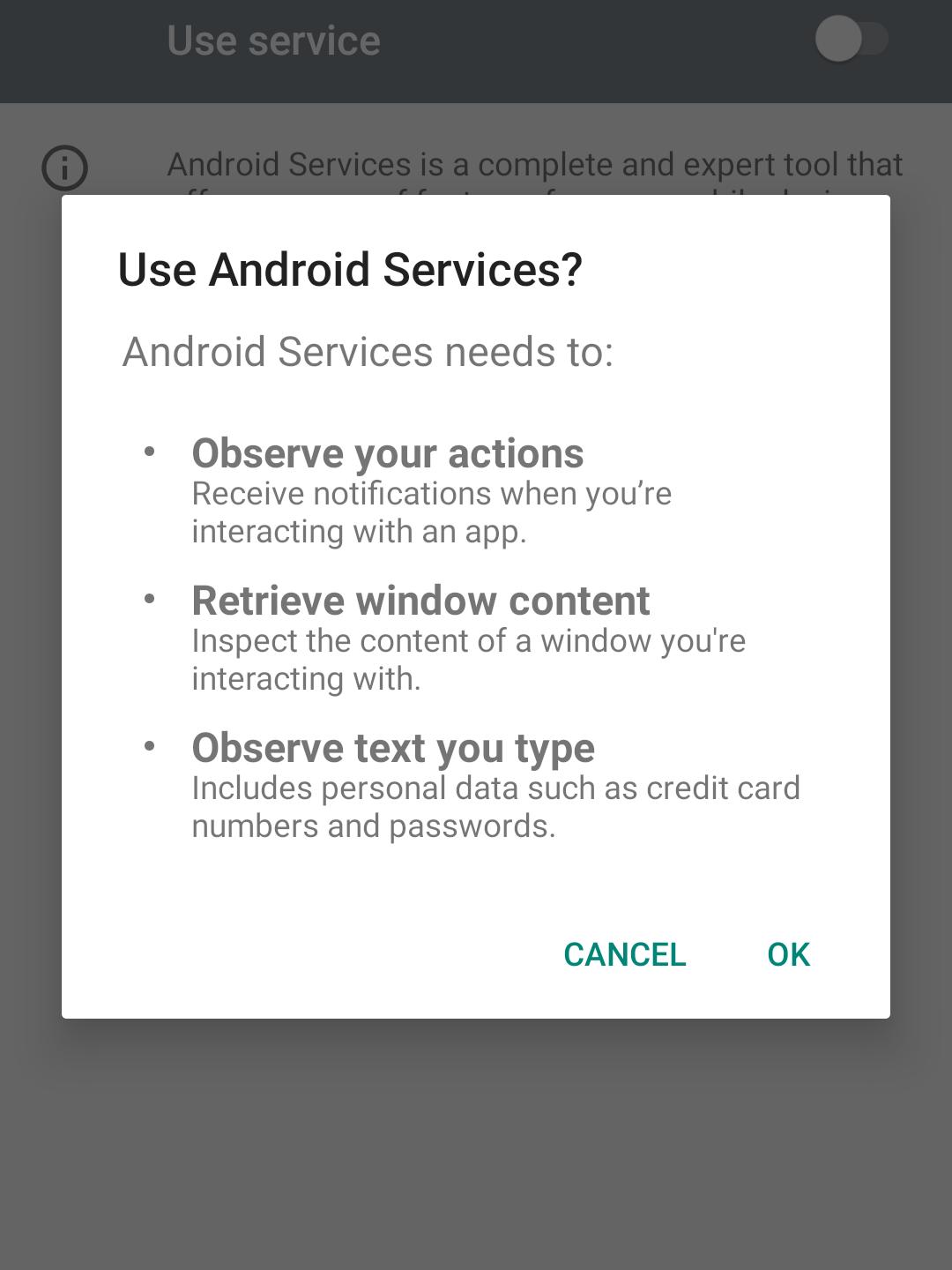 Beispiel-Screenshot der Aktivierung für den Bedienungshilfe-Dienst in englischer Sprache.