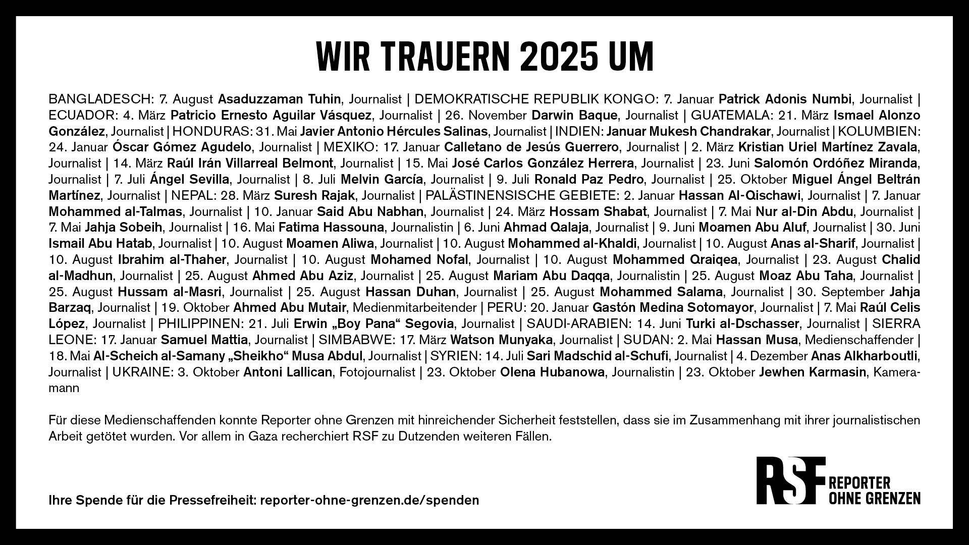 Die Traueranzeige der getöteten Journalist*innen im Jahr 2025