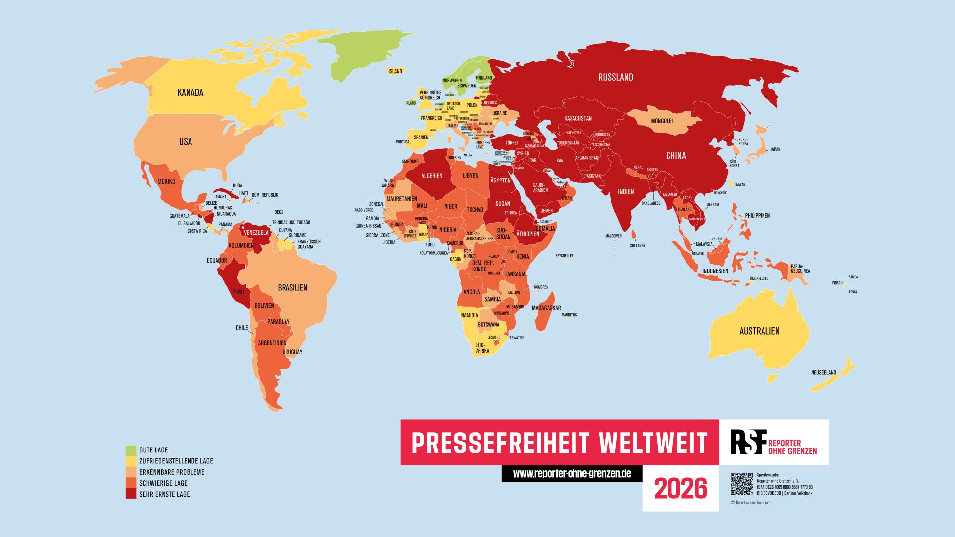 Nur noch ein Prozent der Weltbevölkerung lebt in Ländern mit „guter“ Pressefreiheit