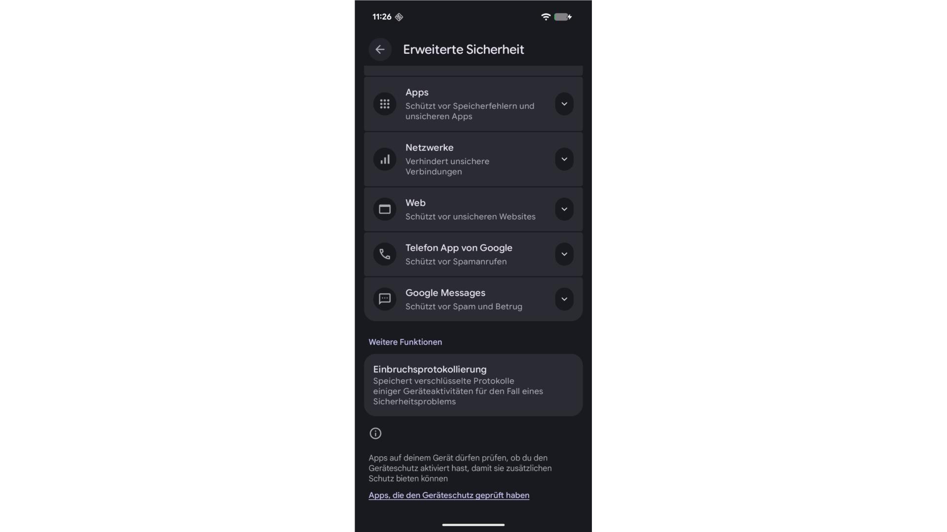 Die Einstellungen eines Android Handys zur Aktivierung der Intrusion-Logging-Funktion.