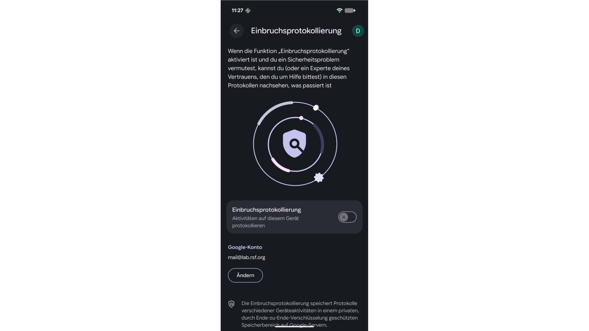 Die Einstellungen eines Android Handys zur Aktivierung der Intrusion-Logging-Funktion.