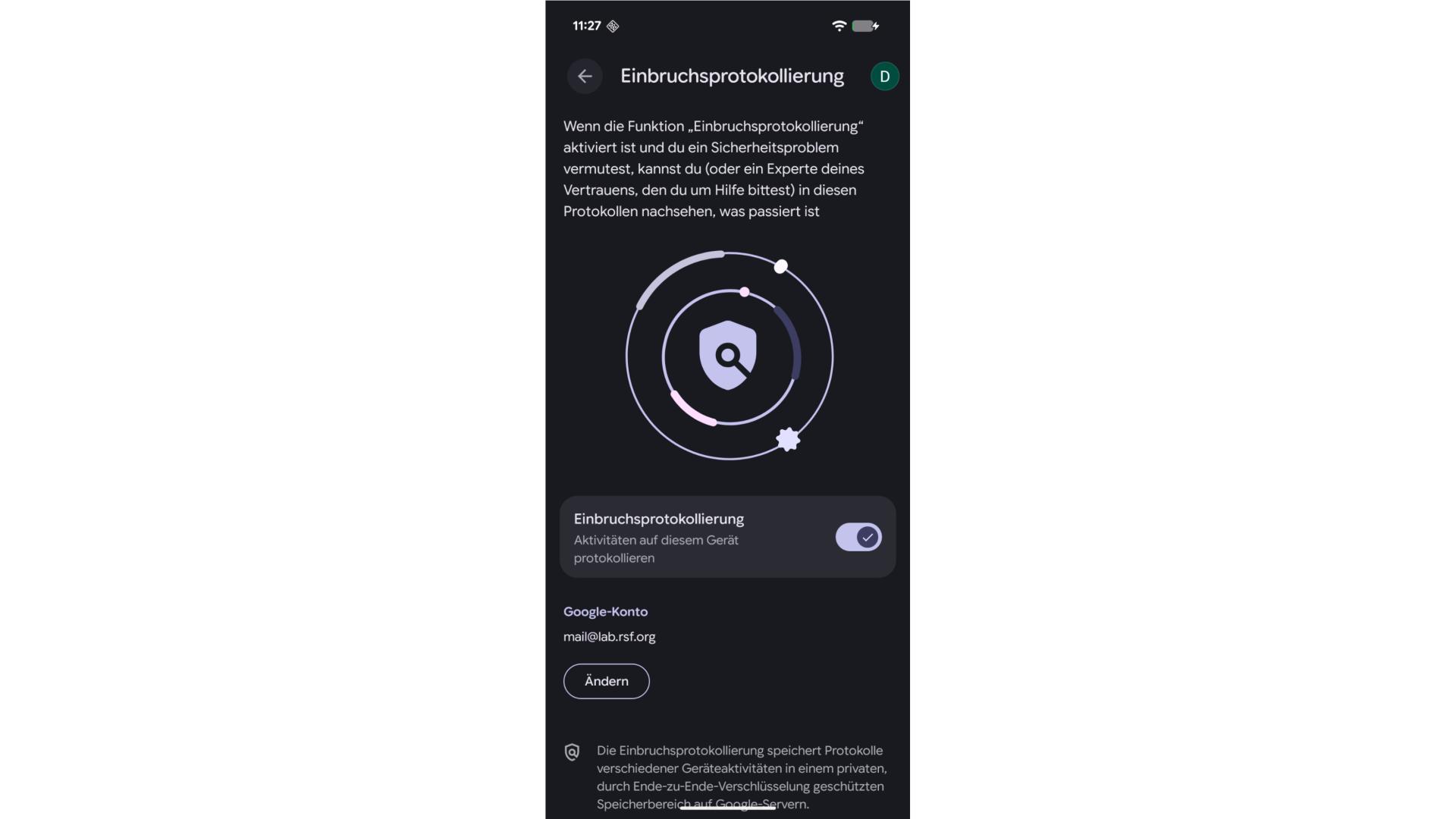 Die Einstellungen eines Android Handys zur Aktivierung der Intrusion-Logging-Funktion.