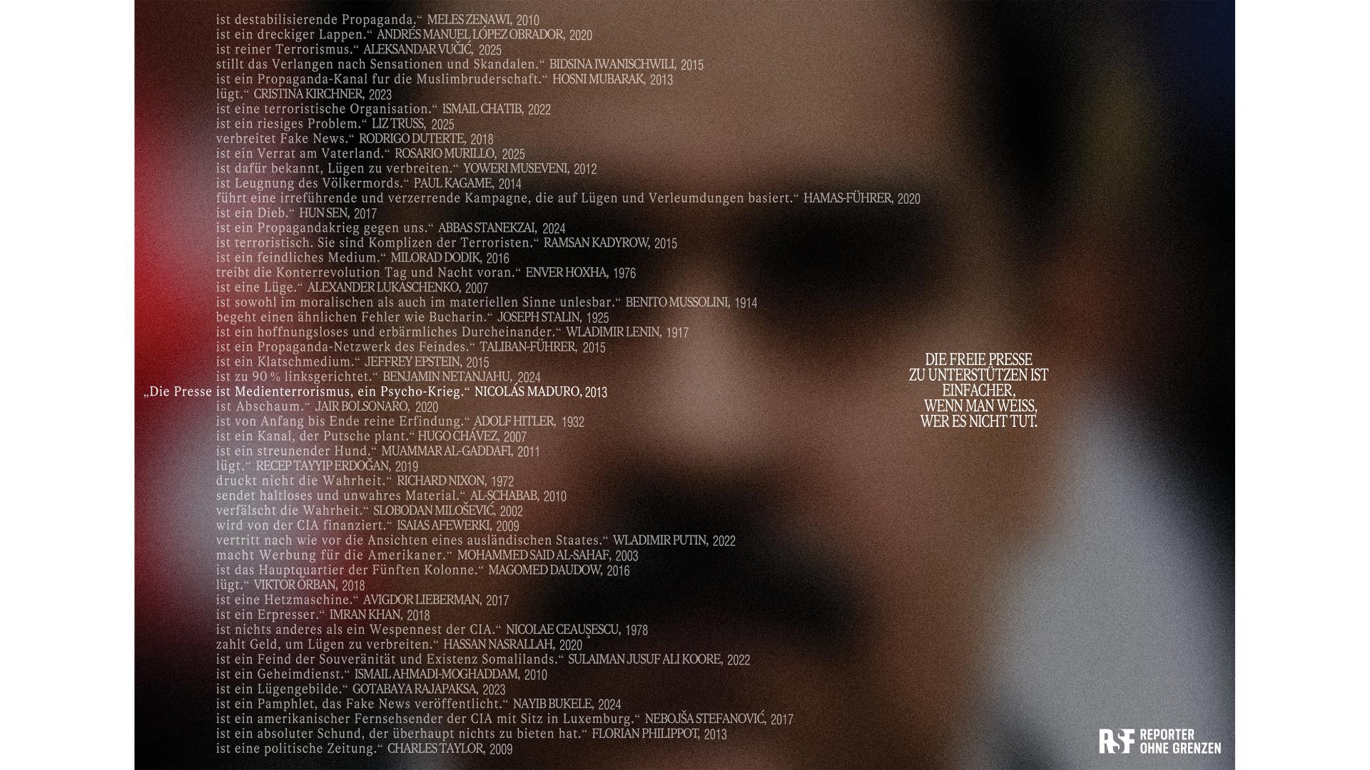 Zu sehen sind viele Zitate über Presse und Medien. Eines "Die Presse ist Medienterrorismus, ein Psycho-Krieg." von Nicolas Maduro, 2013, ist hervorgehoben. Daneben steht "Die freie Presse zu unterstützen ist einfacher, wenn man weiss, wer es nicht tut"