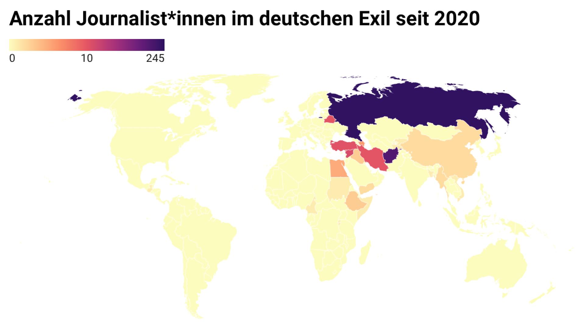 Die Grafik zeigt eine Weltkarte in verschiedenen Farben. Darüber steht "Anzahl Journalist*innen im deutschen Exil seit 2020."