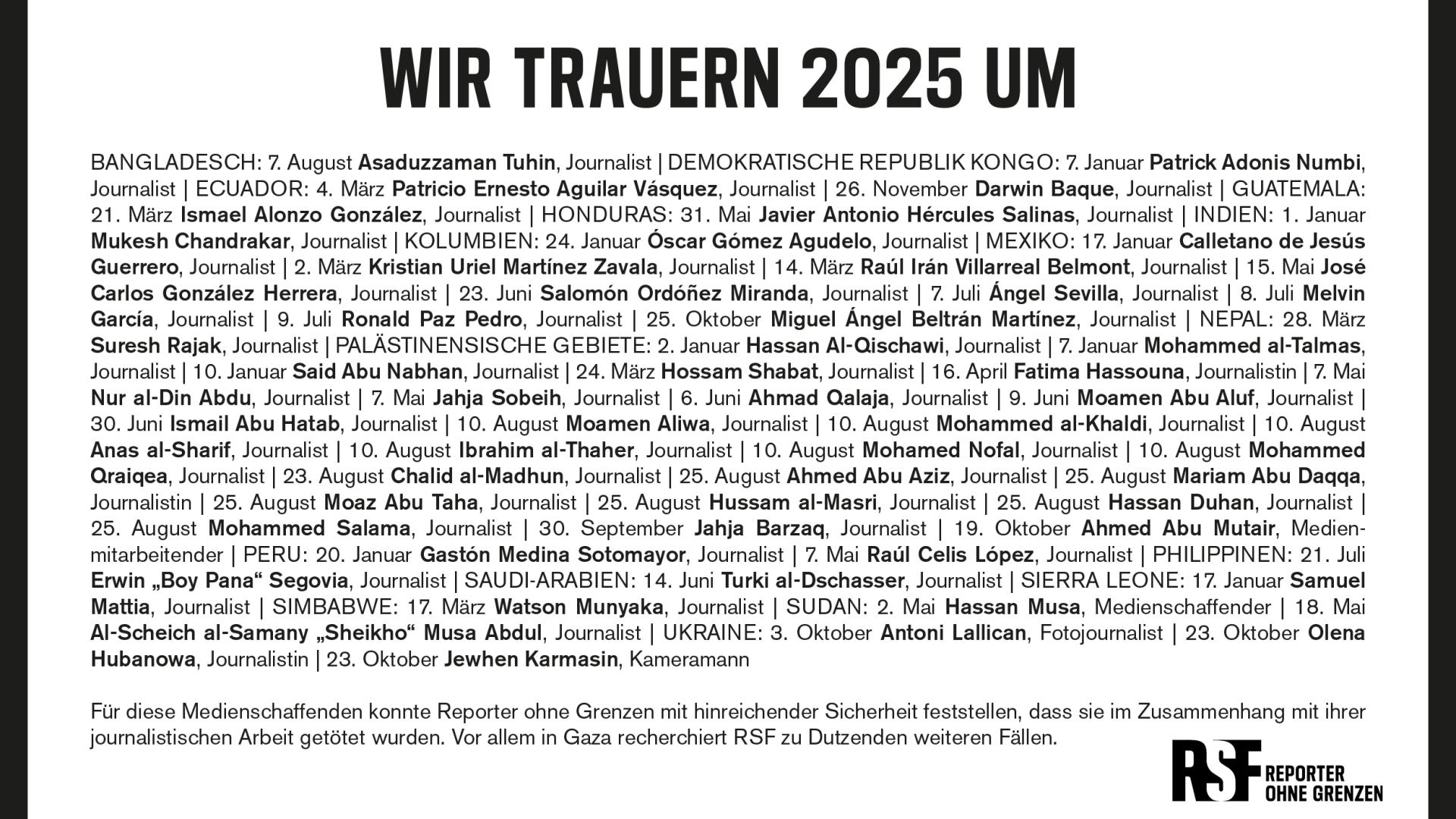 Die Traueranzeige der getöteten Journalist*innen im Jahr 2025