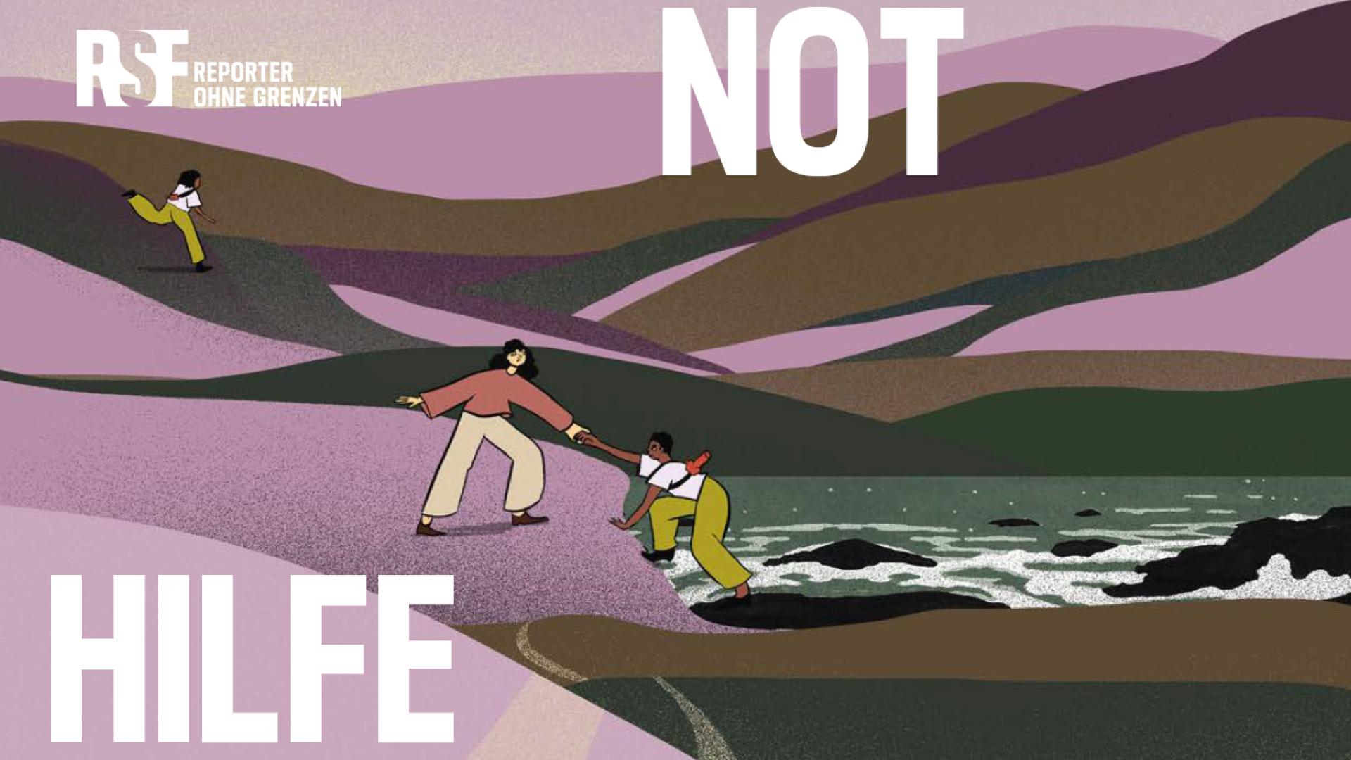 Illustration einer hügeligen Küstenlandschaft: Eine Person hilft einer anderen, aus dem Wasser an Land zu kommen, während eine dritte Person über einen Hügel läuft. Großer Schriftzug: „NOTHILFE“. Unten links steht: „15 Jahre Nothilfe und Stipendien“.