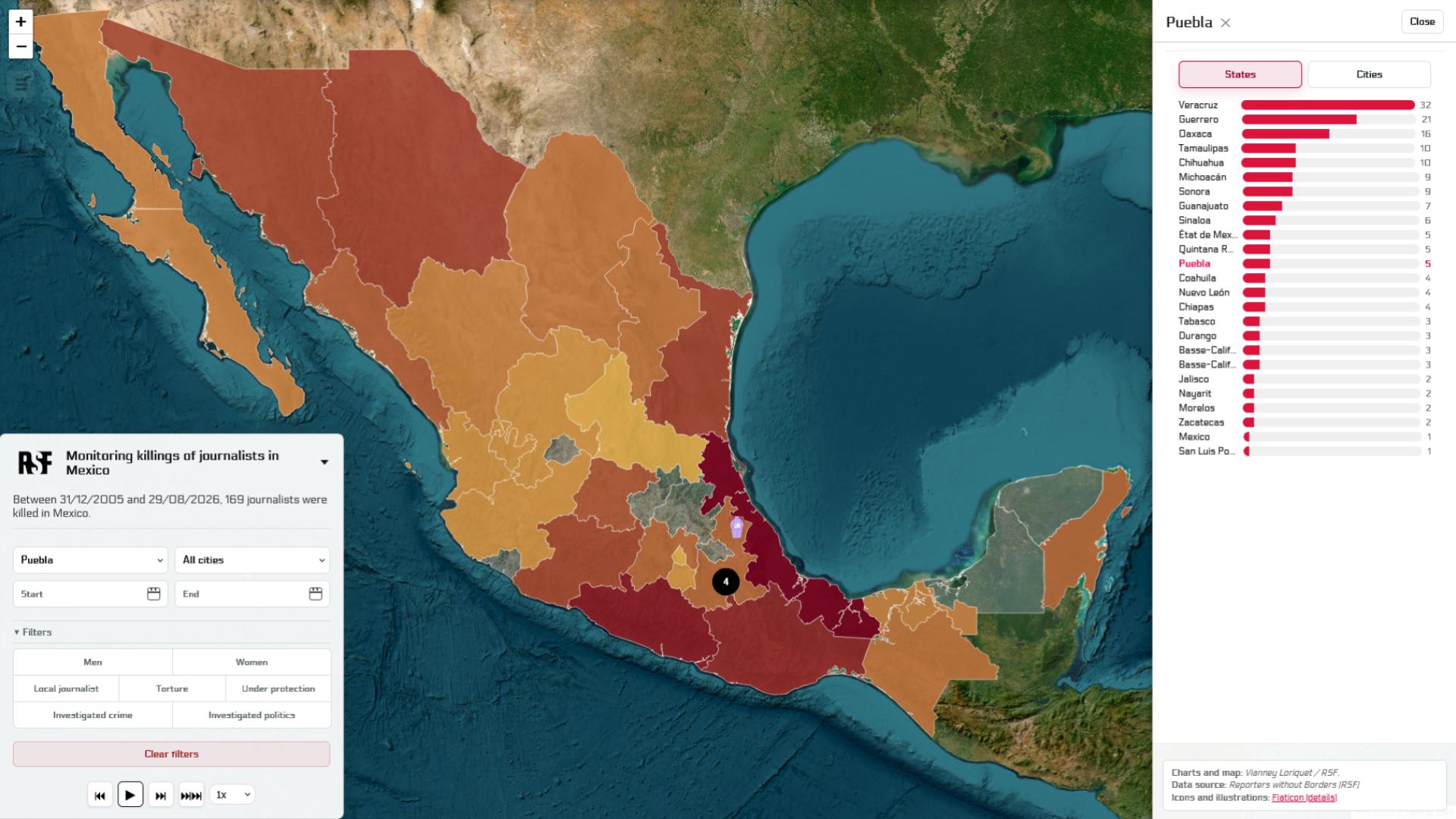 Screenshot einer interaktiven Grafik, die die mexikanischen Bundesstaaten in gelb-roten Farbschattierungen zeigt. Links unten im Bild ist ein Kasten mit der Überschrift "Monitoring killings of journalists in Mexico".